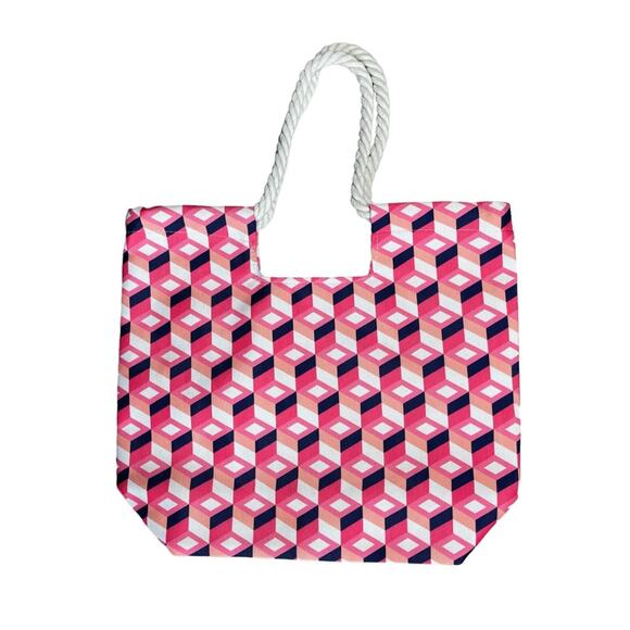 NWOT MACY’S Pink White Geometric Print Rope Strap Beach Tote Bag - Picture 1 of 9